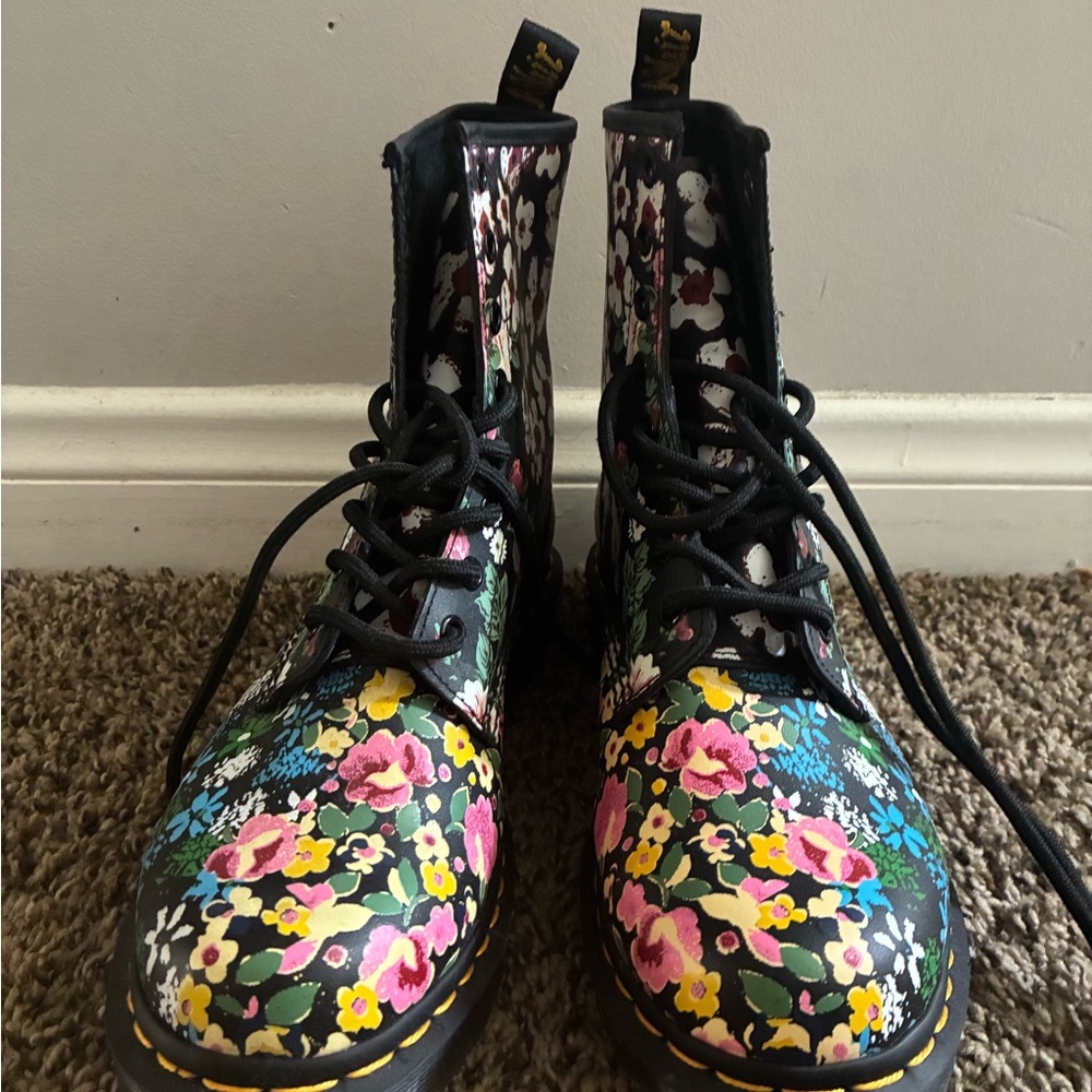 LIKE NEW! Dr. Martens Floral Combat Boots - Black, Pink, Yellow